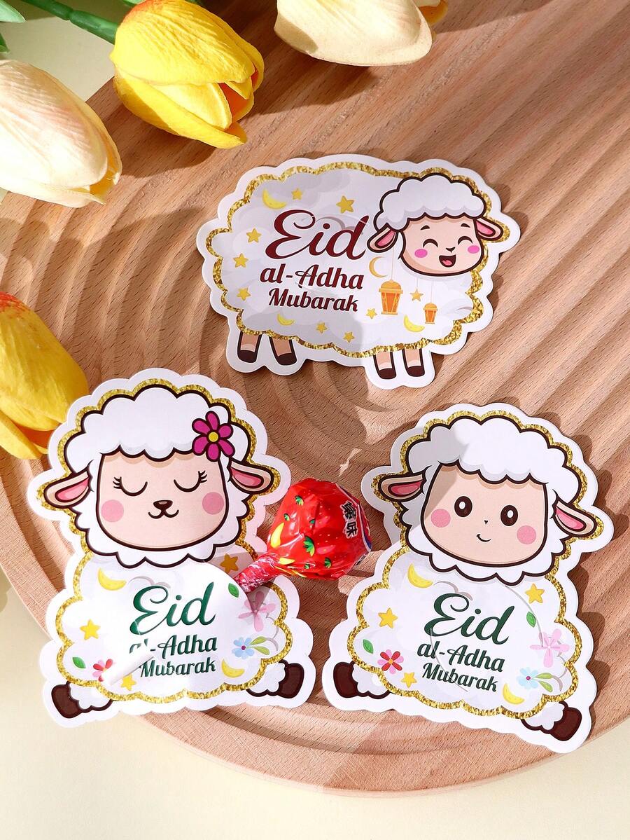 Tarjeta de decoración de piruleta "Eid Al-Adha Mubarak", dulces festivos, múltiples diseños adorables de ovejas, con estampado de oro en relieve y saludos festivos de "Eid Al-Adha Mubarak", acompañados de estrellas, linternas y talla grande, ideal para decorar fiestas familiares y actividades infantiles, agrega un ambiente ceremonial a los dulces, transmite bendiciones cálidas y celebratorias para las vacaciones - Ver 1