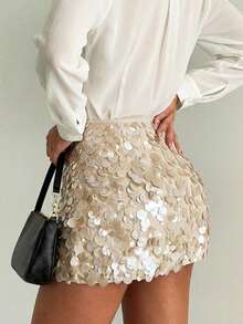Women's Elegant Champagne Color Sequin Mini Skirt, Sexy Fashion Party Dress - Apricot - View 3