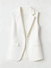 Chaqueta de traje regular de mujer con parche a rayas y un solo botón, chaleco de unicolor con bolsillo y botón, para uso en oficina en primavera, color blanco - Blanco - Ver 4