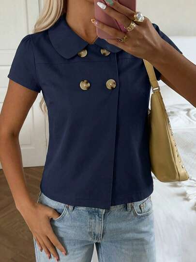 Women's Y2K Collegiate Peter Pan Collar Short Sleeve Shirt, Navy Blue Casual Streetwear & Office Commute Style For Summer