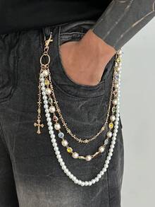 1 chiếc dây đeo eo nhiều lớp kiểu punk cổ điển, đính ngọc trai giả, trang trí thánh giá pha lê, phụ kiện unisex, quà tặng sinh nhật độc đáo cho bạn trai. - Dây xích quần ngọc trai nhiều lớp - Xem 8