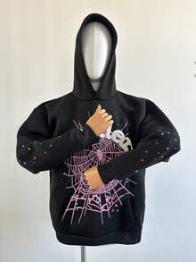 2-Piece Set,Y2k Hoodies, Men's Hip Hop Spider WebPattern, Graphic Alphabet Print HarajukuVintage Hoodie, Punk Rock Style, LongSleeve Street Wear Top For Both Men AndWomen Oversized Hoodies,Classic And Timeless Sportswear - 黑色衛衣 - 查看 2