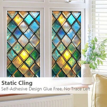 1/5片装几何图案静电吸附窗膜，彩色玻璃隐私保护膜，无胶装饰PVC材质，适用于浴室、厨房、办公室、卧室，可重复使用可移除马赛克玻璃贴纸