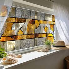 1/4片金色几何图案静电吸附窗膜，马赛克彩色玻璃隐私保护膜，可重复使用可移除无胶PVC材质，适用于浴室、厨房、卧室 - 金色幾何磨砂膜 - 查看 11