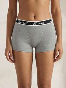 Women's Grey Letter Waistband Boyshort Panties, Casual Sports Shorts - Grey - View 3