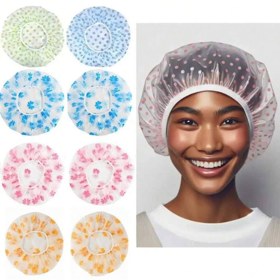 Random Color Pattern Reusable Waterproof Shower Cap Set, Thickened Shower Cap Suitable For Women, SPA, Hair Salon, Bathroom Accessories - Thickened version - View 1