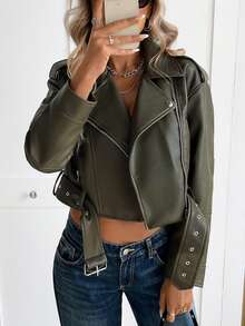 Women Elegant Polyurethane Shacket With Collar Long Sleeve Belted Short Flared Hem Design - Army Green - View 6