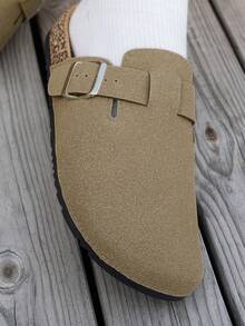Cómodas sandalias planas tipo slide de color negro para mujer, con hebilla ajustable, diseño slip-on, aptas para interiores y exteriores, calzado casual de verano - color arena - Ver 7