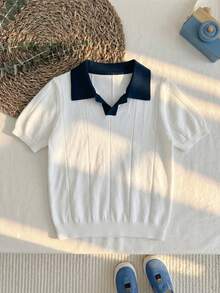Boys' Solid Color Short Sleeve Sweater, Collared Lightweight Knit Pullover, Suitable For Spring, Summer, Autumn - White - View 6