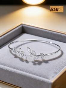 Light Retro Light Luxury Cubic Zirconia Leaf Decor Cuff Bangle For Women Fashion Vintage Statement Bracelet Party Daily Wear Jewelry Gift 6WFC - 黃金 - 查看 1