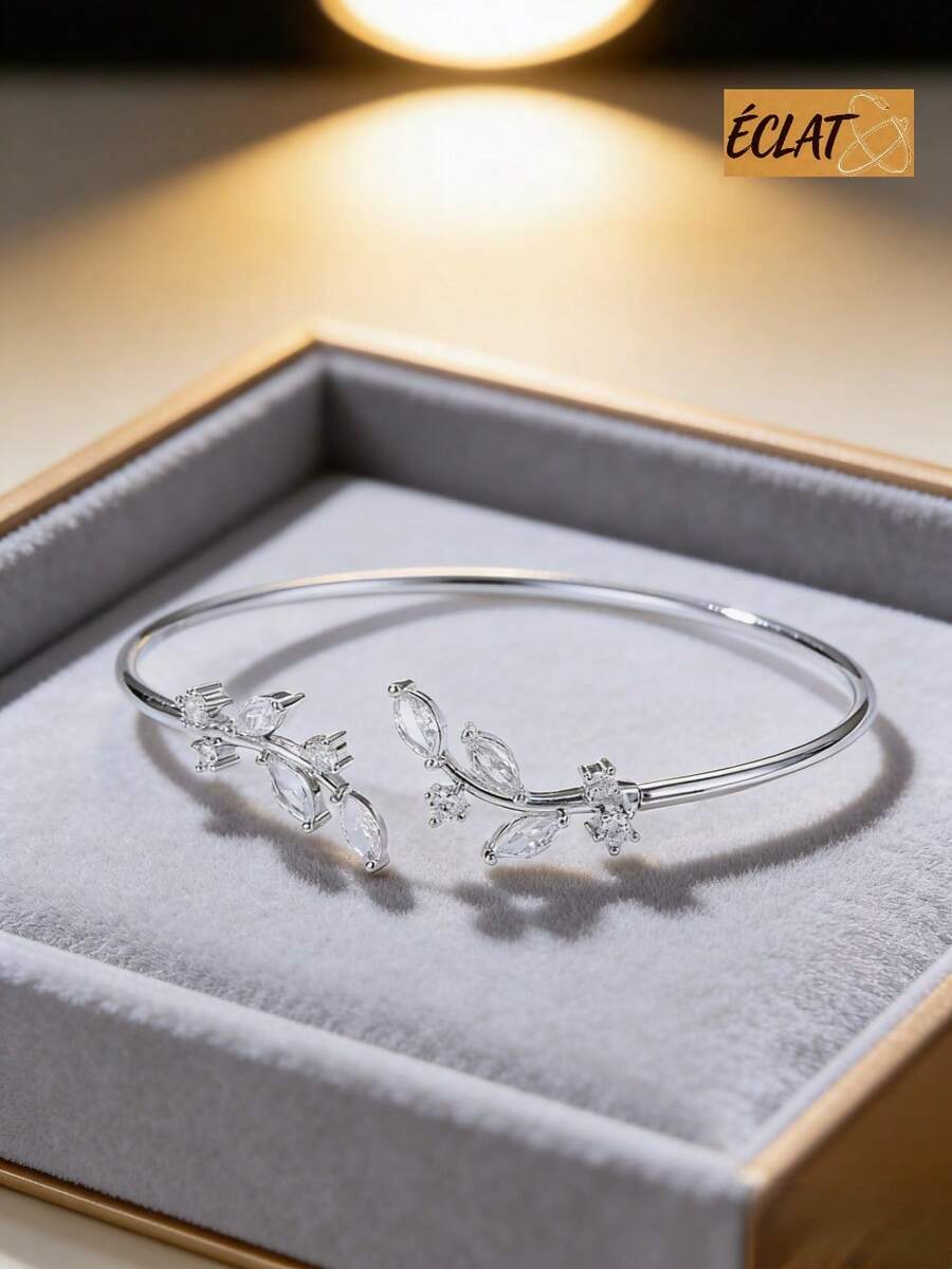 Light Retro Light Luxury Cubic Zirconia Leaf Decor Cuff Bangle For Women Fashion Vintage Statement Bracelet Party Daily Wear Jewelry Gift 6WFC - 黃金 - 查看 1
