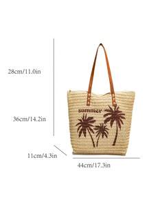 Túi tote bằng rơm thêu họa tiết cây cọ tối giản, túi xách tay cỡ lớn tiện dụng cho người đi làm, túi đi biển thường ngày dành cho nữ. - Màu be - Xem 10