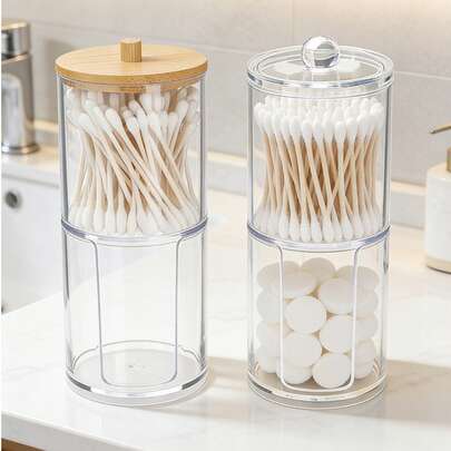 Caja de almacenamiento para el lavabo del baño, caja de almacenamiento redonda transparente de plástico/madera con tapa, caja de almacenamiento de doble uso para herramientas de cuidado personal, caja de almacenamiento desmontable para artículos pequeños, caja de almacenamiento para joyas y cosméticos