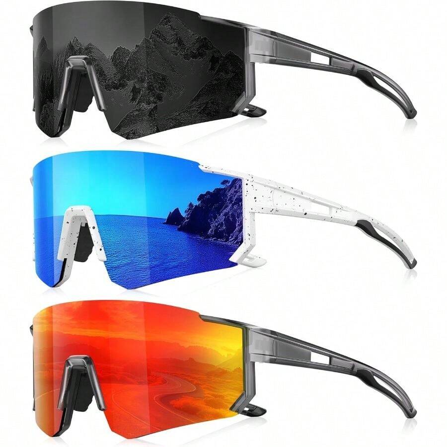 3 Pack Polarized Sunglasses For Men Women, Sports Mens Sunglasses With UV Protection For Baseball Cycling Running - A01-xám/xanh băng/đỏ - Xem 1