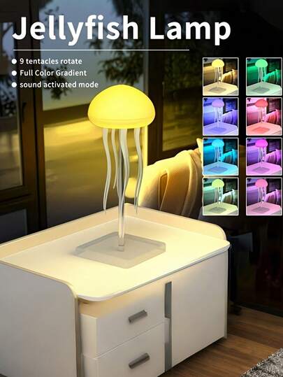 1 pieza Lámpara de medusa moderna, degradado de color RGB, recargable, plástico pulido, sensor táctil, control de voz, tentáculos danzantes, batería de litio de 300mAh, alimentada por batería, sin enchufe necesario, incluye base de acrílico pulido, adecuada para varios tipos de habitaciones, decoración del hogar