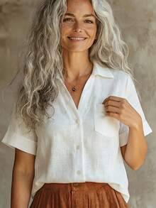 Women's Relaxed, Artsy V-Neck Shirt, Linen Loose-Fitting Short-Sleeved Top, Collared, Half-Open Design, Suitable For Commuting, Casual, And Vacation Wear. Slimming And Flattering With A Beautiful Drape, This Everyday Shirt Exudes A Sophisticated, Breathable, Comfortable, Retro, And Effortlessly Chic Style. - 白色 - 查看 4