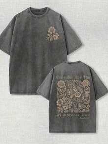 230g Washed, Secret Printed T-Shirt With Fresh Flowers, High-Quality Wax Printed Cotton Retro Fashion Brand T-Shirt, Men's T-Shirt, Beach Essential-61 - 深灰色 - 查看 14