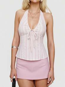 Y2K Halter Tops For Women V Neck Backless Crop Tank Top Sleeveless Flowy Tie Up Coquette Clothes - Pink - View 6