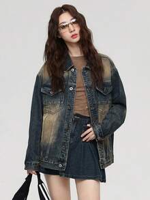 Men's comfortable, loose-fitting, stylish retro denim jacket with gradient denim coat - Caqui - Ver 3