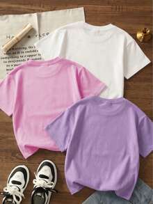 Set de 3 camisetas de manga corta con cuello redondo y estampado casual para niñas y estudiantes adolescentes, verano - Lavanda - Ver 2