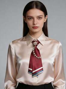 女士免系带珍珠链装饰条纹缎面领带，校服衬衫配饰，适合日常办公穿着 - 白色 - 查看 4