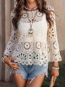 Women's Bohemian Style Crochet Knit Top, Hollow Out Ruffle Hem Half Sleeve Round Neck, Asymmetric Hem, Suitable For Summer & Autumn - Apricot - View 3