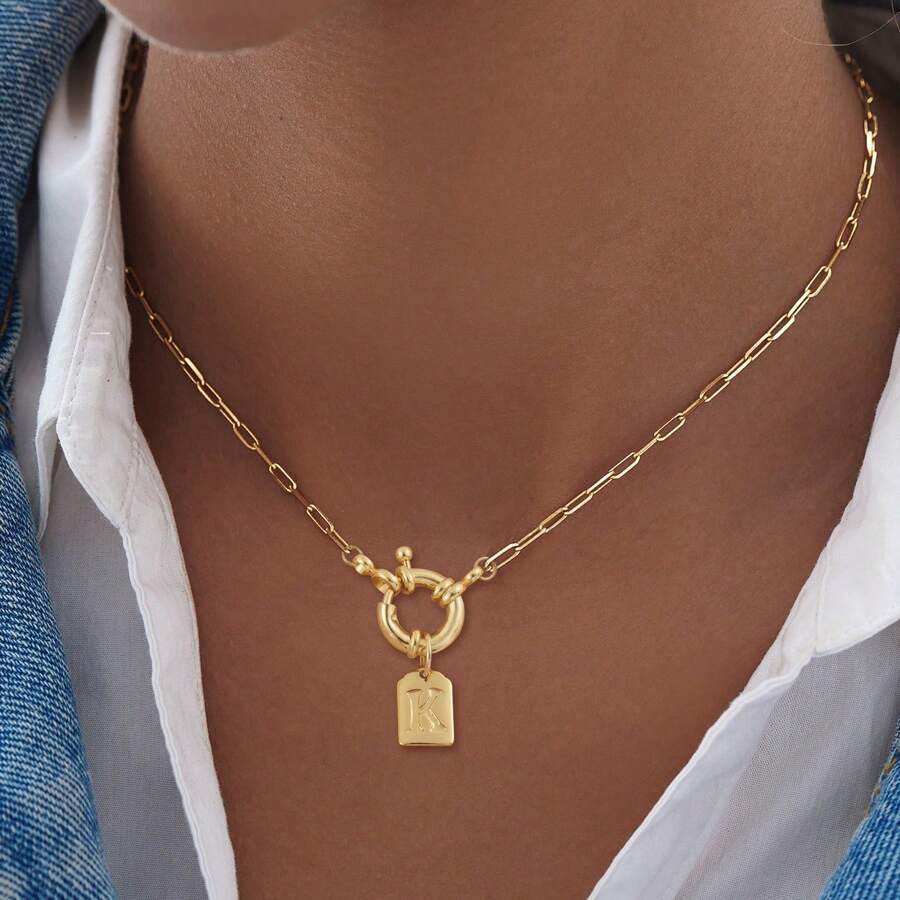 1pc Classic Simple Block Initial Pendant Spring Clasps Golden Stainless Steel Paper Clip Chain Necklaces For Women - Yellow Gold - View 1
