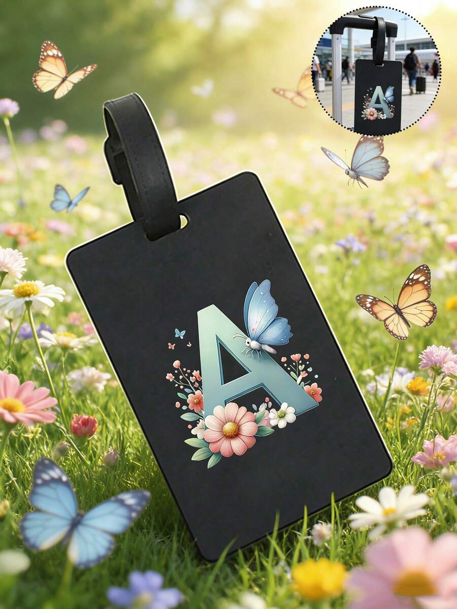 1pc Colorful Butterfly Flower A-Z Letter Pattern Black Luggage Tag, Pvc Luggage Tag, Carnival Cruise Luggage Tag, Personalized Luggage Tag, Cute Luggage Tag, Luggage Id Tag, Address Card Boarding Pass, Portable Tag, Luggage Tag, Essential For Travel And Outings Card Holder Suitcase Tag Flying College For Luggage For School Bag Anti-Lost Waterproof Double-Sided Privacy Protection Bag For School School Accessories School Stuff - Black - View 1
