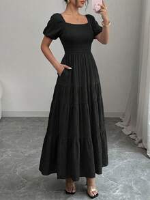 Women's Summer Puffed Sleeve Long Skirt Square Collar Pleats Layered Ruffles A-Shaped Long Casual Elegant Elegant Beach Dress - 黑色 - 查看 5