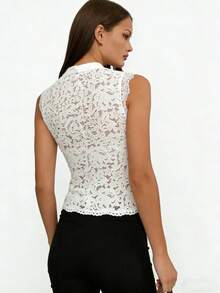 Women Long Sleeve Mandarin Collar Guipure Split Blouse Top Lace Floral Puff Sleeve Button-Down Shirt Slim Fit Elegant Sheer Tops Party Clubwear - 無袖白色 - 查看 5