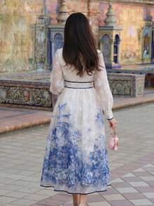 Vintage French Romantic Solid Color Tie-Up Young & Fashionable Women Dress Elegant Spring - Blue and White - View 3