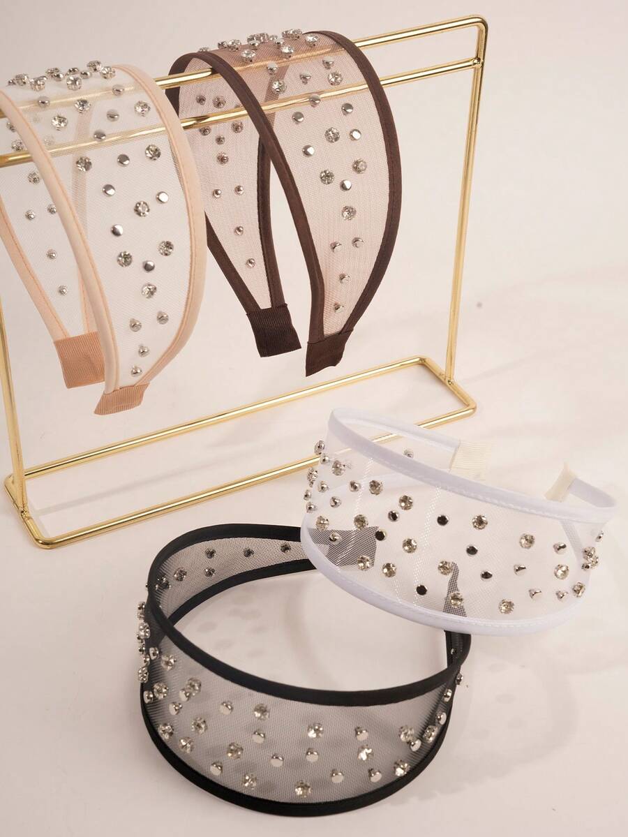1pc Girls' Solid Color Versatile Mesh Shiny Rhinestone Wide Headband, Non-Slip Hair Accessory Suitable For Daily Wear, Face Mask, Outfit Matching