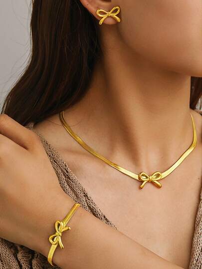 3 Pieces Set Simple Bow Stainless Steel Necklace Earrings Bracelet Set Women's Golden Wedding Anniversary Party Gift