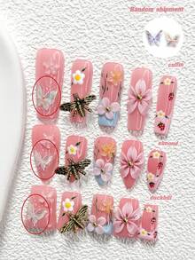10pcs French Country Style Handmade Nail Art Set, Including Gel Nail Kit, 3D Golden Vintage Dragonfly, Handmade Pink Flowers, Transparent Pink Ice Flowers, Colorful Butterfly Nail Stickers, Hand-Painted Red Strawberry, White Daisy, Blue And Pink Nail Polish, Best Gift For Women Or Girls In Summer, Comes With Nail Tools (1 Jelly Sticker + 1 Nail File), Available In 3 Shapes: Almond, Duck Mouth, Coffin Press On Nails - 彩色 - 查看 5