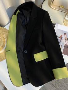 Women's Spring Fashion Black & Green Patchwork Casual Blazer - Black - View 9