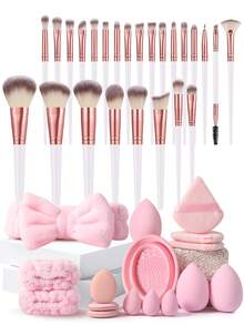 41件套化妆工具套装，包括：25支化妆刷套装+3个化妆海绵+3个迷你化妆海绵+3个三角粉扑+3个迷你气垫粉扑+1个发圈+2个手碗挂绳+1个化妆刷清洁工具 - 粉色 - 查看 1
