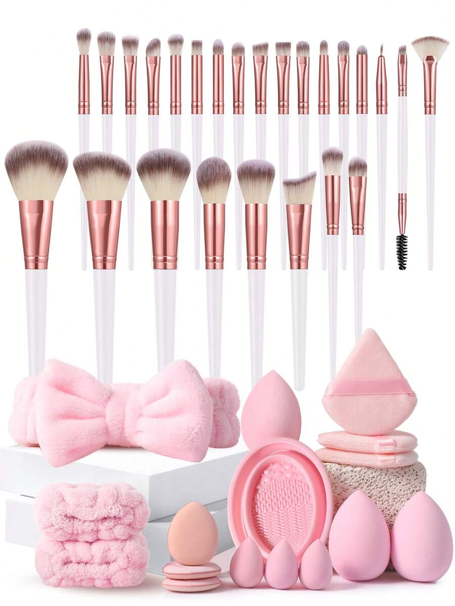 41件套化妆工具套装，包括：25支化妆刷套装+3个化妆海绵+3个迷你化妆海绵+3个三角粉扑+3个迷你气垫粉扑+1个发圈+2个手碗挂绳+1个化妆刷清洁工具 - 粉色 - 查看 1