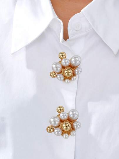 Cring Coco 2 Packs Women's Light Luxury Button Covers, White Irregular Pattern Shape With Faux Pearl Inlay, Zinc Alloy Detachable Shirt Cufflinks Decorative Buttons, Allic Sewing Backing, Multi-Functional Cufflinks, Exquisite Commuter Daily Wear Jewelry