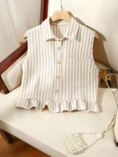 优雅复古条纹纽扣口袋无袖荷叶边下摆衬衫，春秋季度假装