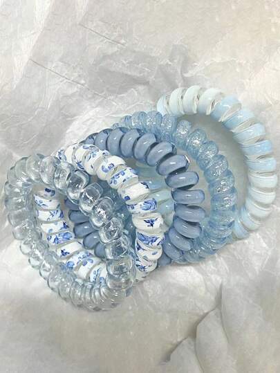 5pcs Blue Floral Elastic Hair Ties, Sweet & Cute Versatile Elegant Minimalist, Suitable For Daily, Casual, Party, Work, Vacation And Other Occasions, Can Be Used For Hairstyling, Washing Hair, Makeup, Matching Outfits, Hair Accessories