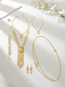 Conjunto de joyería YIYI de cadena corporal de múltiples capas chapada en oro, collar de borlas de filigrana de lujo, aretes, anillo, pulsera y cadena para la cintura, regalo de boda, fiesta o Eid - XLJT-009 - Ver 3