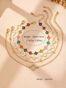 4pcs/Set Elegant Enamel Clover Pendant With Rhinestones, Suitable For Women's Daily And Vacation Outfits, Layered Anklet - Vàng - Xem 4