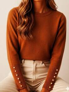 Basic Knit Sweater Blouse With Pearl Detail, Polyester, Pearls, Nightwear - Camel - View 1