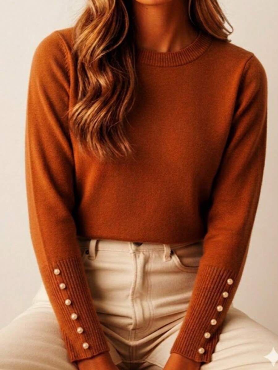 Basic Knit Sweater Blouse With Pearl Detail, Polyester, Pearls, Nightwear - Camel - View 1