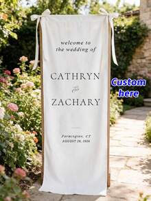 1pc Personalized Linen Wedding Welcome Sign, White Customized Wedding Event Decor, Modern Style Font Decorative Banner, Aesthetic, Engagement Party - White - View 4