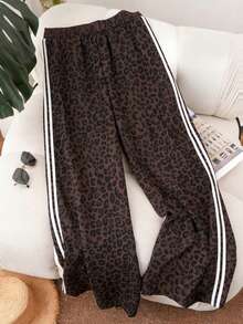 大码女式豹纹弹力腰裤，侧边条纹装饰，春季款 - 咖啡棕 - 查看 1