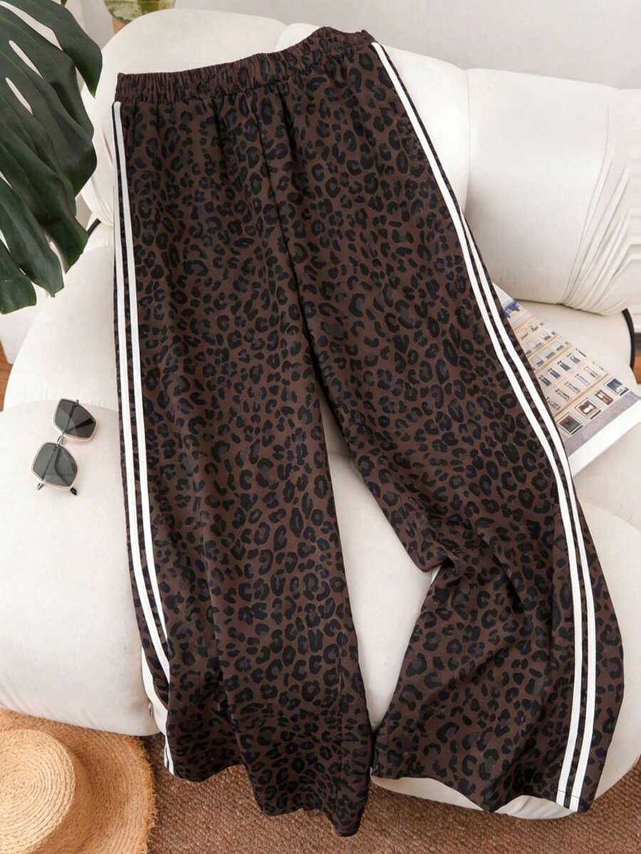 大码女式豹纹弹力腰裤，侧边条纹装饰，春季款 - 咖啡棕 - 查看 1
