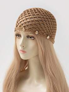 1 Peça Chapéu de Crochê Fino e Oco com Decoração de Strass em Gota d'Água para Mulheres, Adequado para Uso Diário em Estilo Boho na Primavera/Outono - A - Visão 6