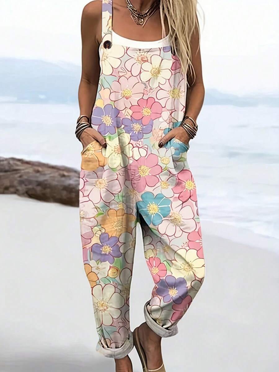 Large Flower Print Women's Adjustable Strap Jumpsuit, Polyester Fiber Fabric, Lightweight And Breathable, Women's Clothing, Regular Women's Clothing, Women's Jumpsuits And Rompers, Women's Jumpsuit, Women's Plus Size Jumpsuit - Nhiều màu - Xem 1
