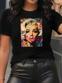 Koszulka unisex z czystej bawełny dla kobiet Y2K Retro PopArt T-Shirt - IconicFace&LOVELettering withBlondeHair&RedLipsPrint, lata 90., lata 2000., styl vintage, swobodny, krótki rękaw, okrągły dekolt, rozmiar S-XXL (można prać w pralce), inspirowana ikoną Pop, miękka bawełna, codzienny, lekki, oddychający materiał, uroczy, modny, idealny na wakacje, bluzki moneyymujer, playererasdewoman - Czarne - Zobacz 5